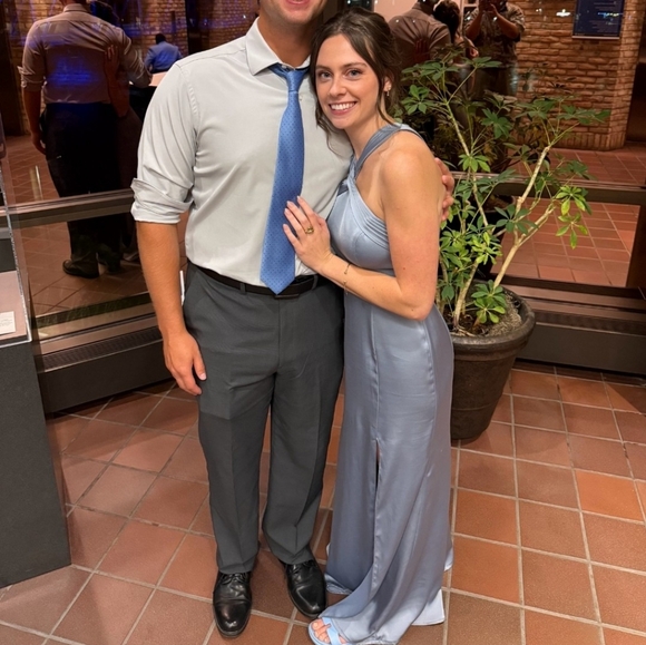 Azazie Backless Dusty Blue Satin Dress - Picture 4 of 5